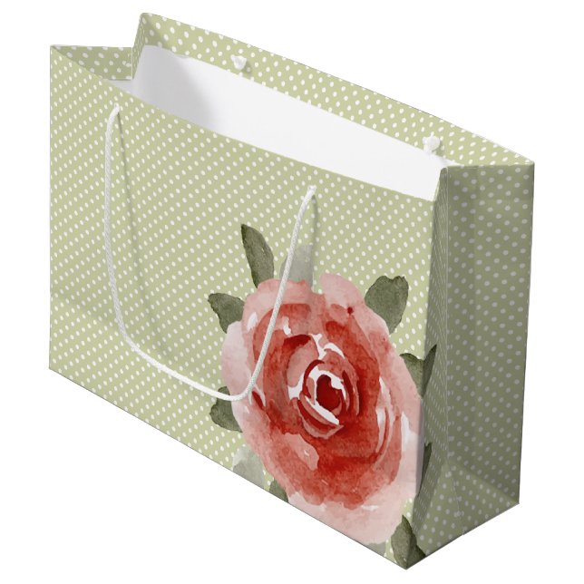 Sacs Cadeaux GRANDS avec Rose Rouge sur Points Bla (Devant Angle)