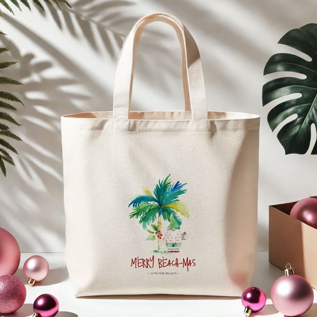 Sacs fourre-tout de Noël Tropical (Tropical Christmas beach-mas tote bag watercolor palm tree and Santa art by Victoria Grigaliunas)