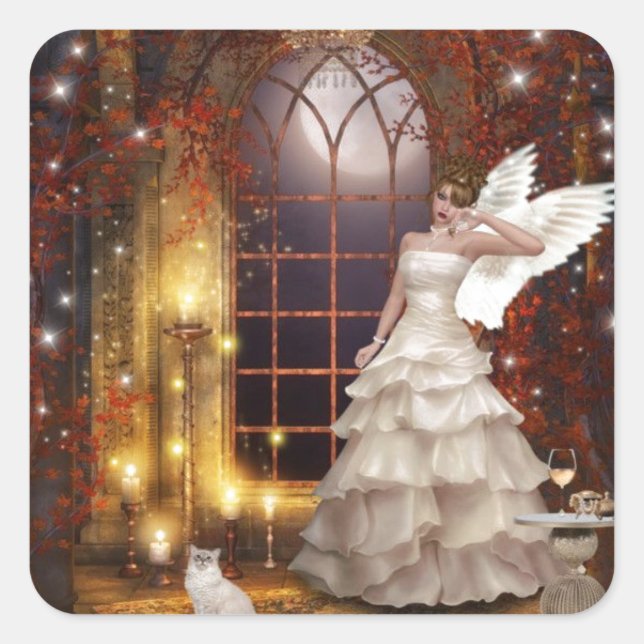 Sad Angel mit Kitty Quadratischer Aufkleber (Vorderseite)