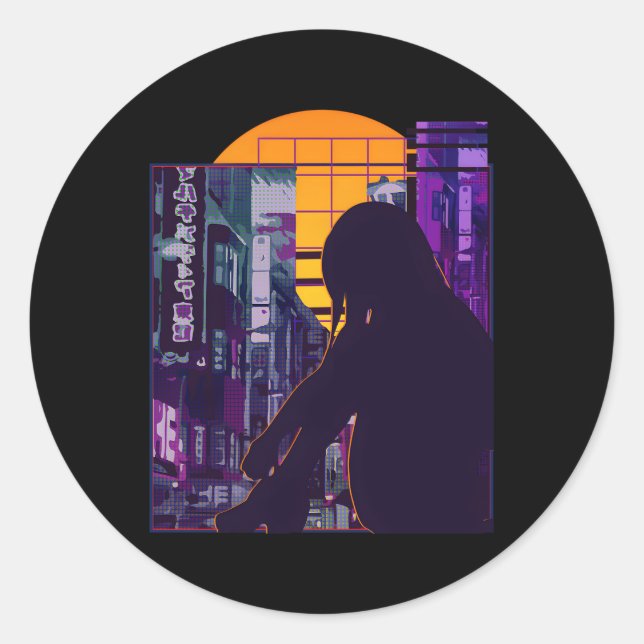 Sad Anime Japanisch Vaporwave Ästhetik Anime Runder Aufkleber (Vorderseite)