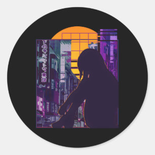 Sad Anime Japanisch Vaporwave Ästhetik Anime Runder Aufkleber