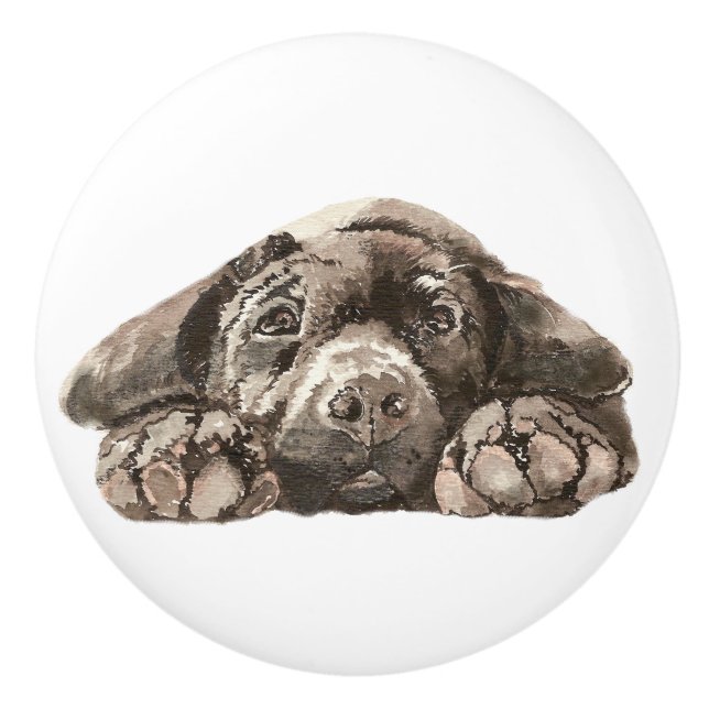 Sad Black Labrador Retriever Hund Tier Tier Keramikknauf (Vorderseite)