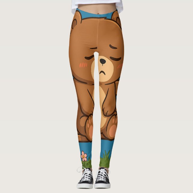 Sad Cute Teddy Bear on Bench – Emotional Cartoon Leggings (Vorderseite)