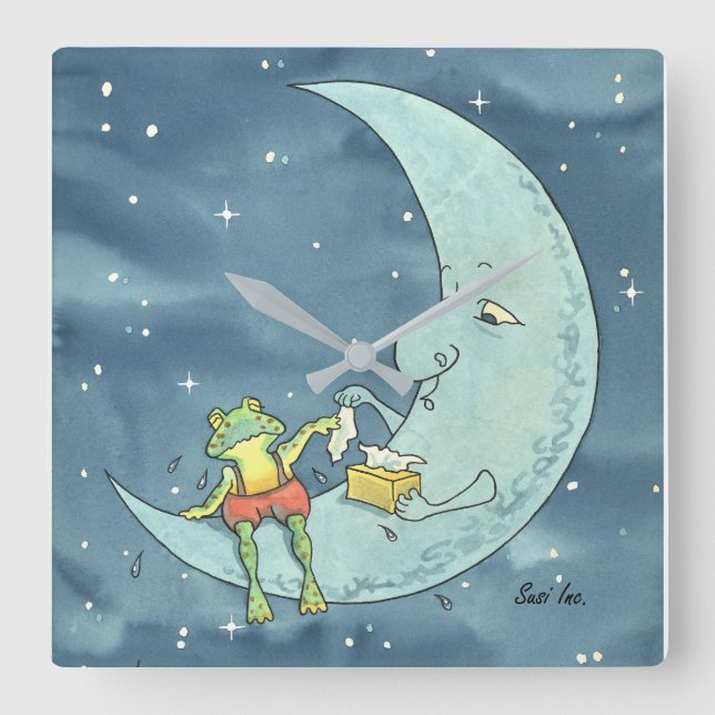 Sad Frosch auf Mond Akrylwand Uhr, Square Quadratische Wanduhr (Vorderseite)