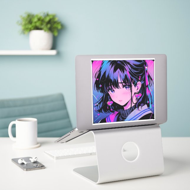 Sad Girl 90s Anime Style Sticker (Laptop auf Schreibtisch)