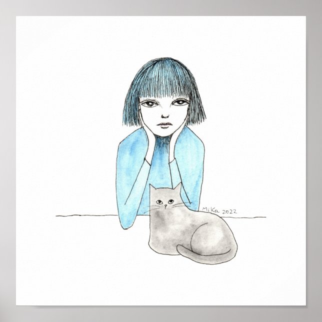 Sad Girl mit einer schwarzen Katze große Augen düs Poster (Vorne)