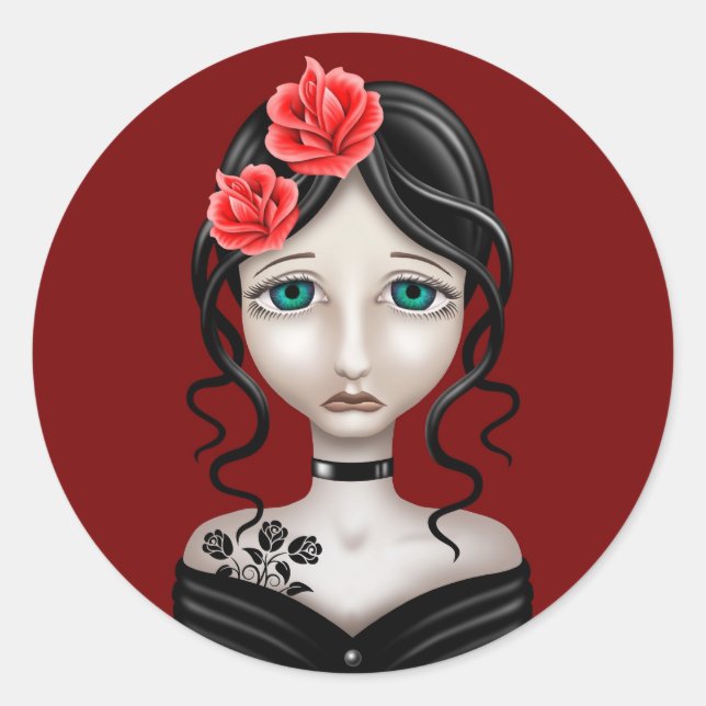 Sad Girl mit Rote Rosen Runder Aufkleber (Vorderseite)