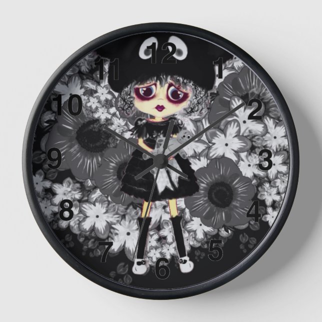 Sad Goth Girl - Kawaii Chibi Cartoon Große Uhr (Vorderseite)