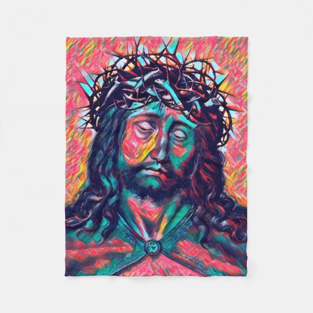 Sad Jesus Christus Gesicht Thorn Crown Abstrakte K Fleecedecke (Vorderseite)