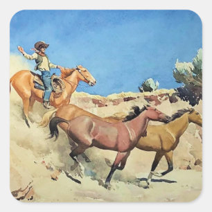 „Saddle Stock“ Western Art von Maynard Dixon Quadratischer Aufkleber