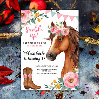 "Saddle Up" Blumenpferd & Cowgirl Stiefel Geburtst Einladung