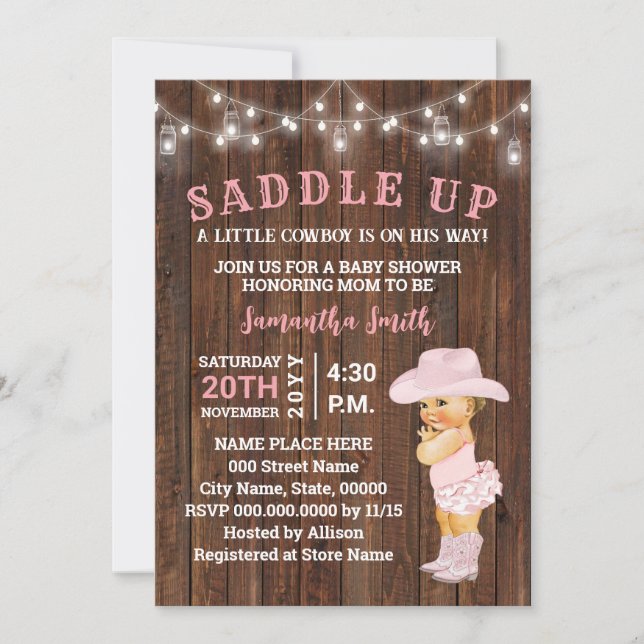 Saddle Up ein kleines Cowgirl ist ihre Way Baby Du Einladung (Vorderseite)