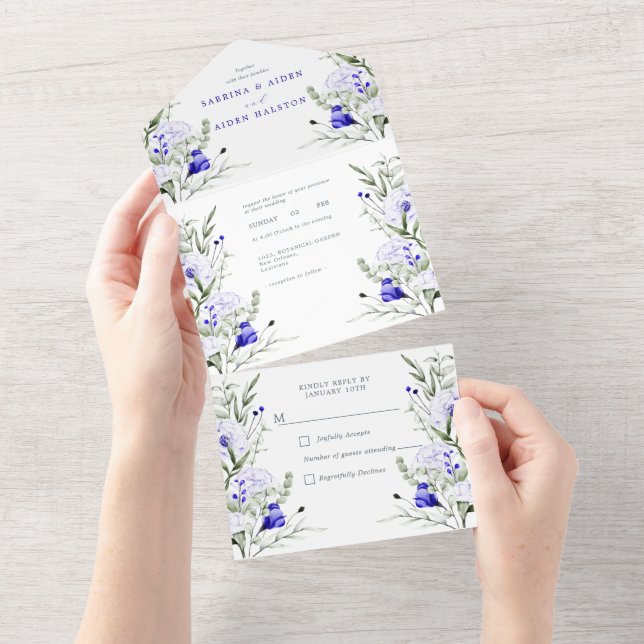 Sade Royal Blue Elfenbeinblütenhochzeit All In One Einladung (Abreißen)