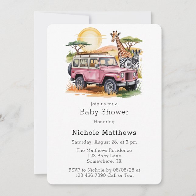 Safari Adventure Girl Baby Shower Einladung (Vorderseite)