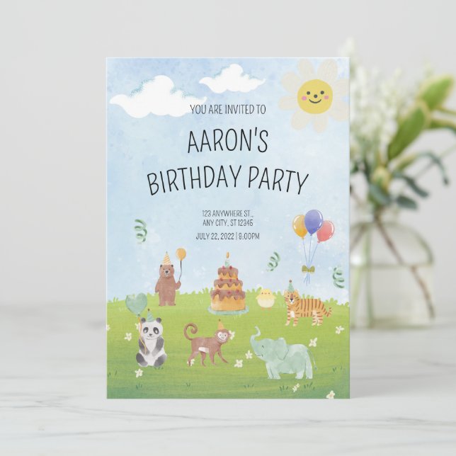 Safari Animal Anniversaire Invitation Verdure Birt (Debout devant)