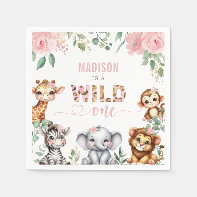 Safari Animal Blush Pink Floral Wild Ein Geburtsta Serviette (Vorderseite)