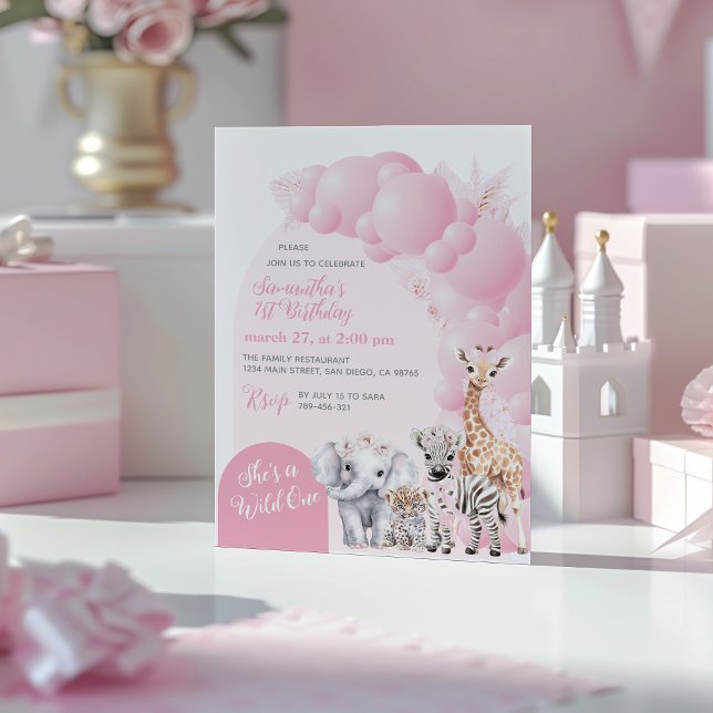 Safari Animal Blush Pink Wild Ein Mädchen Geburtst Einladung (Von Creator hochgeladen)