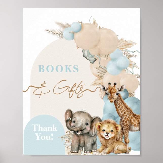 Safari Animal Boho Blue Balloon Babydusche Poster (Vorne)