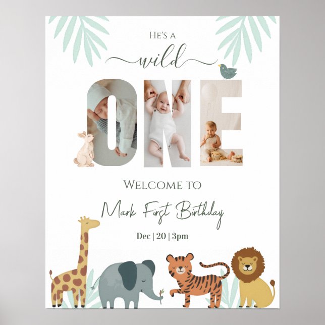 Safari Animal Boy 1st Birthday Welcome Sign Poster (Vorne)