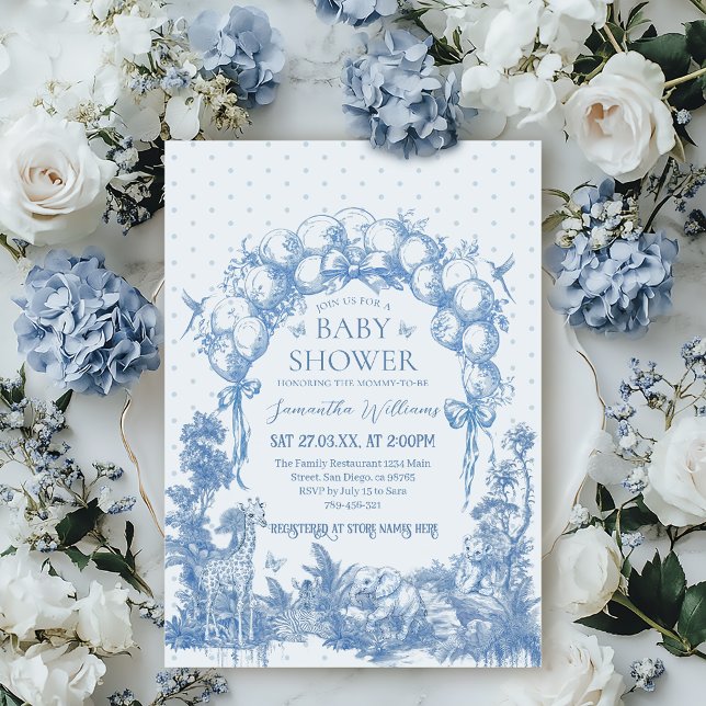 Safari Animal Dusty Blue Toile Baby Boy Dusche Einladung (Von Creator hochgeladen)