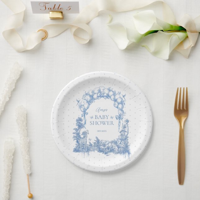 Safari Animal Dusty Blue Toile Baby Boy Dusche Pappteller (Hochzeit)
