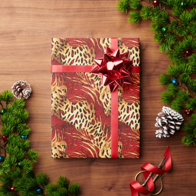 Safari Animal Fur Druckmuster rot und Gold Geschenkpapier (Feiertagsgeschenk)