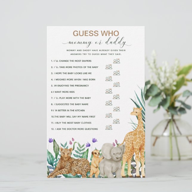 Safari Animal Greenery Baby Shower Guess Spiel (Stehend Vorderseite)