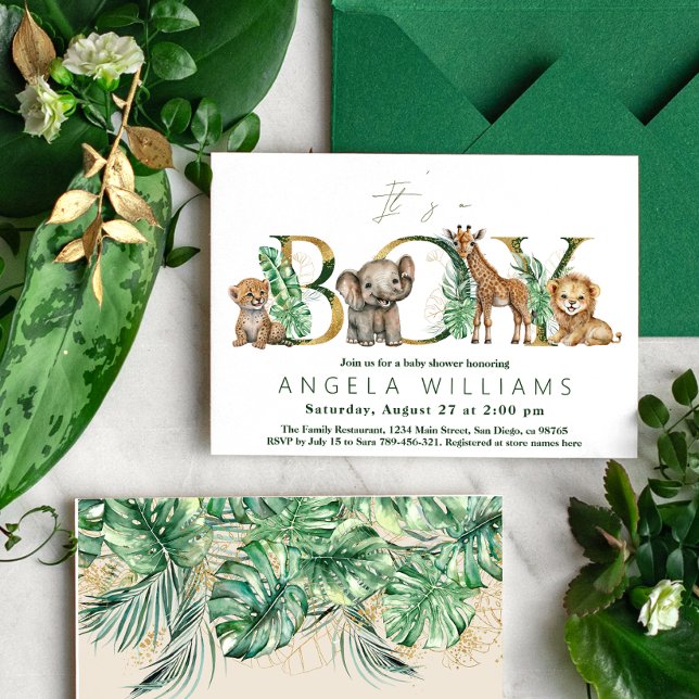 Safari Animal Jungle Green & Gold Junge Baby Dusch Einladung (Von Creator hochgeladen)