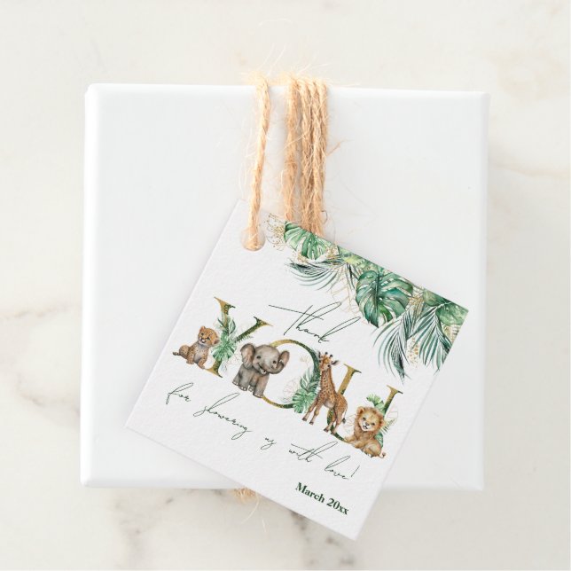 Safari Animal Jungle Green & Gold Junge Baby Dusch Geschenkanhänger (Beispiel)