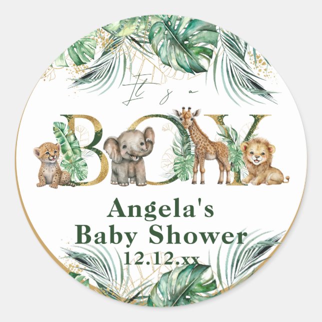 Safari Animal Jungle Green & Gold Junge Baby Dusch Runder Aufkleber (Vorderseite)