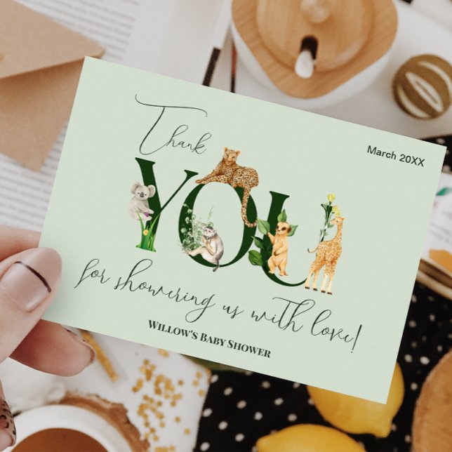 Safari Animal Jungle Green Junge Baby Dusche Dankeskarte (Von Creator hochgeladen)