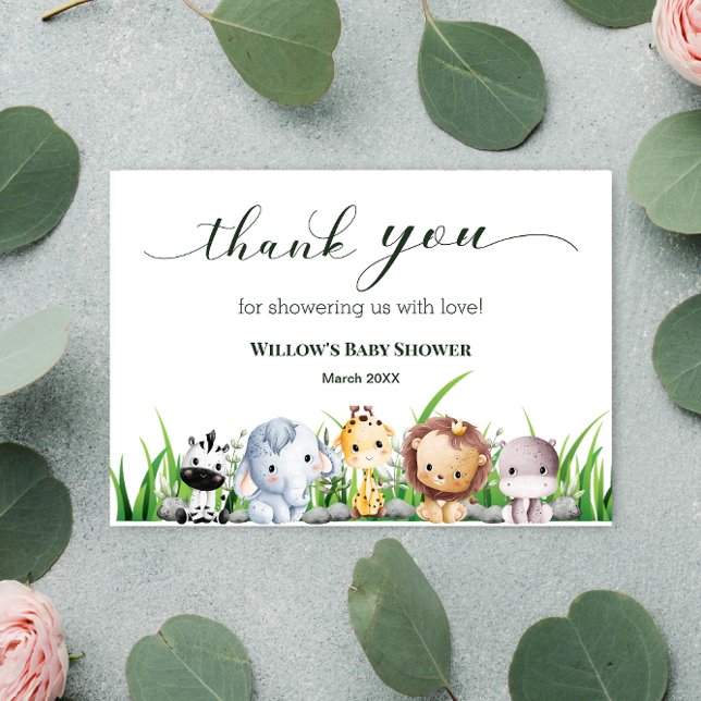 Safari Animal Jungle White Young Baby Dusche Dankeskarte (Thank you safari animals baby shower card)
