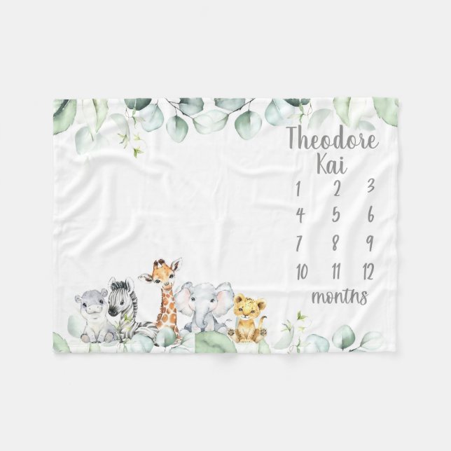 Safari Animal Milestone Blanket Junge Monatliche F Fleecedecke (Vorderseite (Horizontal))