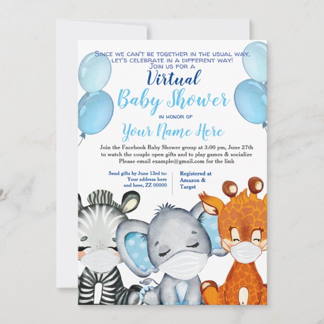 Safari Animal mit Masken Virtual Shower Baby Boy I Einladung (Vorderseite)