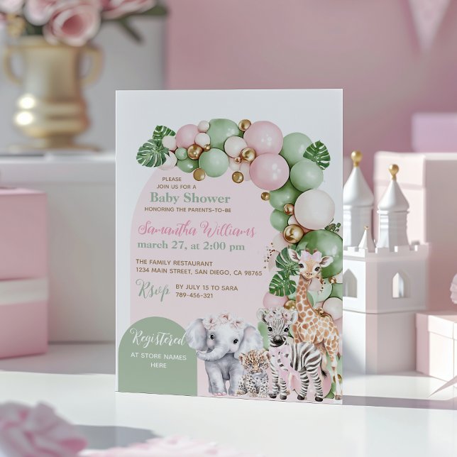 Safari Animal Tropical Green Pink Baby Girl Dusche Einladung (Von Creator hochgeladen)