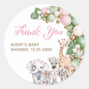 Safari Animal Tropical Green Pink Baby Girl Dusche Runder Aufkleber