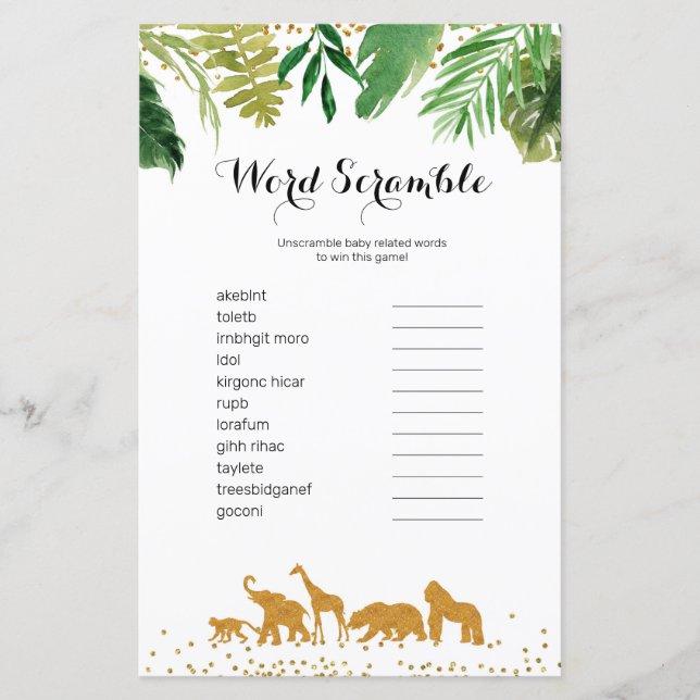 Safari Animal Watercolor Word Scramble Game, (Vorderseite)