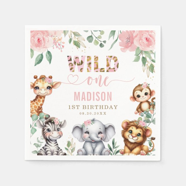 Safari Animal Wild One Blush Pink Floral Geburtsta Serviette (Vorderseite)