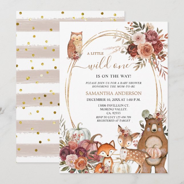 Safari Animal Wild One Fall Pumpkin Baby Shower Einladung (Vorne/Hinten)