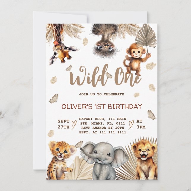 Safari Animals 1. Geburtstag Einladung (Vorderseite)