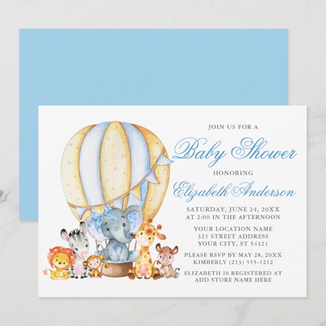 Safari Animals Air Balloon Blue Bow Baby Dusche Einladung (Vorne/Hinten)