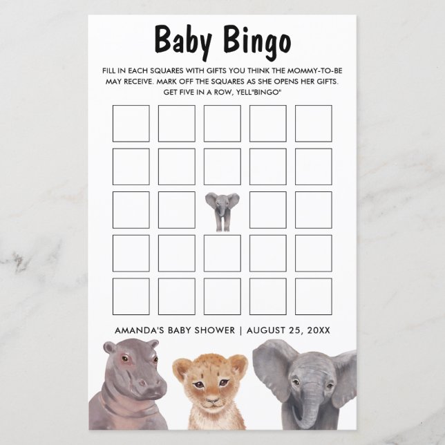 Safari Animals Baby Bingo Baby Showspiele (Vorderseite)