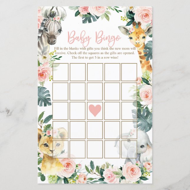 Safari Animals Baby Dusche Bingo Cards Girl (Vorderseite)