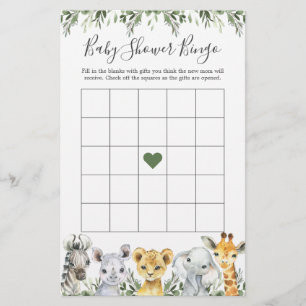 Safari Animals Baby Dusche Bingo Spiel