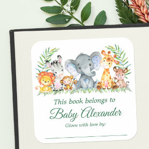 Safari Animals Baby Dusche Green Buchzeichen Label Quadratischer Aufkleber