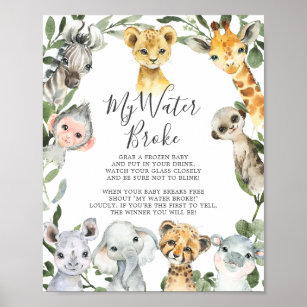 Safari Animals Baby Dusche Mein Wasser Broke Schil Poster