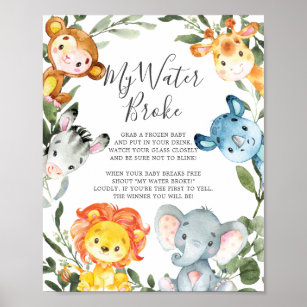 Safari Animals Baby Dusche Mein Wasser Broke Schil Poster