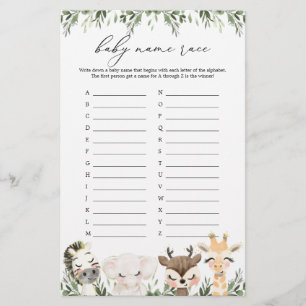 Safari Animals Baby Dusche Name Race Game