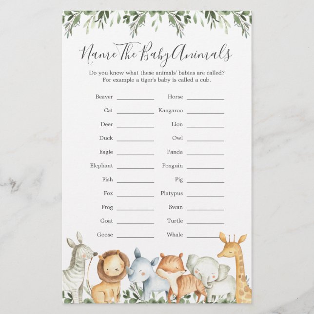 Safari Animals Baby Dusche Name The Baby Animals (Vorderseite)