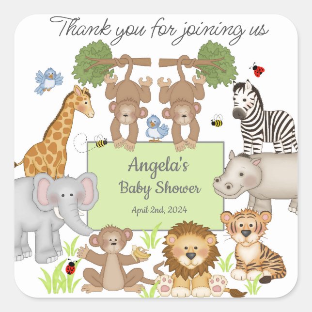 Safari Animals Baby Dusche Party Quadratischer Aufkleber (Vorderseite)